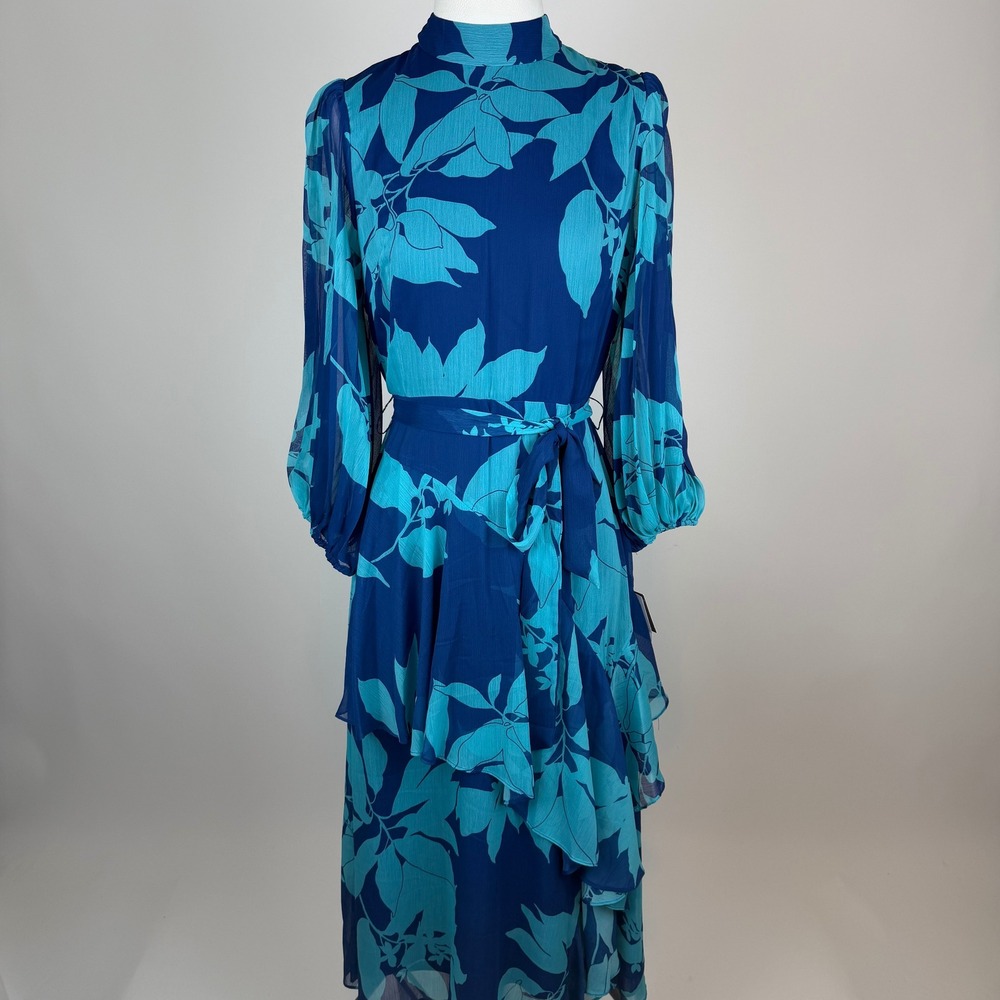 NWD Melonie T Blue/Teal Floral High Neck Tiered Belted Midi Dress Sz 8 Vacation